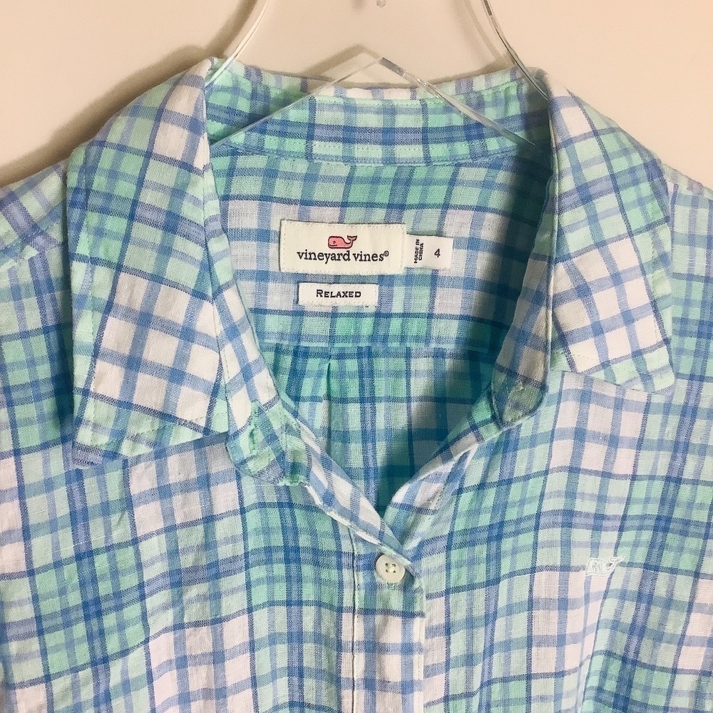 Vineyard Vines Women's Linen Relaxed Checks Button Down Shirt Size 4 - Picture 2 of 13